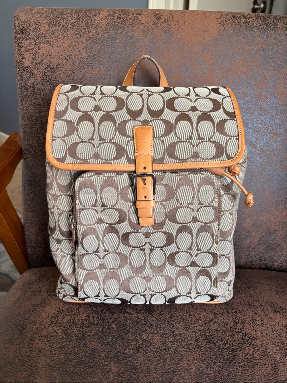 Coach Beige and Brown Signature Canvas Backpack with Tan Leather Trim